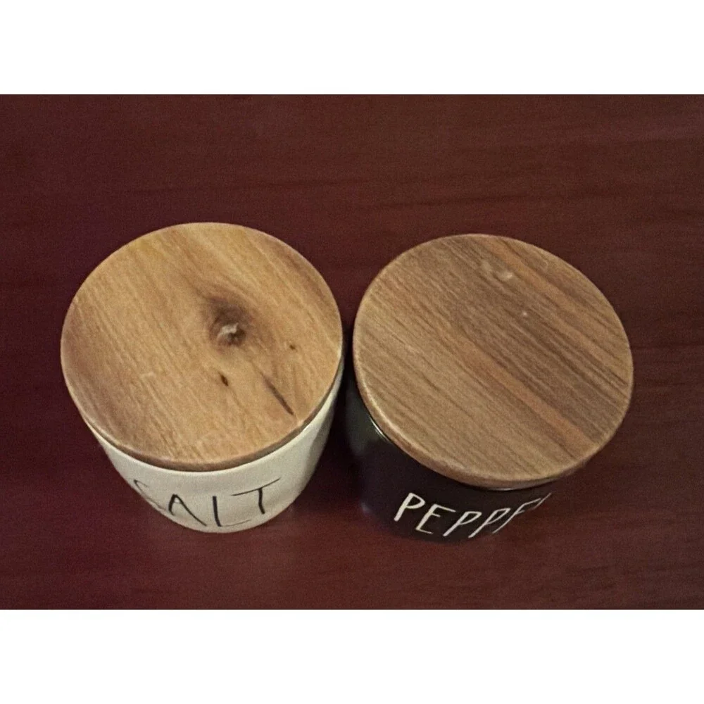 Rae Dunn Salt & Pepper Container Jar Set Ceramic Black & White Wood Lid 3.5